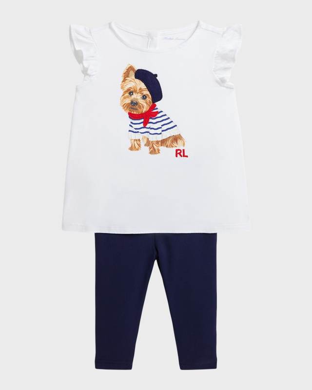 Girl's Flutter-Sleeve Yorkie Graphic Print Top and Leggings Set, Size 6M-24